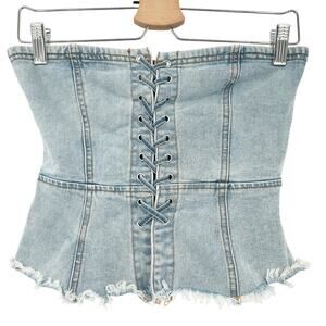 Forever 21 Womens Y2K Lace Up Raw Hem Denim Corset Tube Top Size S Medium Wash‎